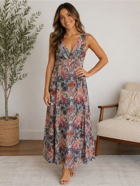 Made In Italy Simons Floral Chiffon Maxi Dress XS Smocked Empire Waist Boho V